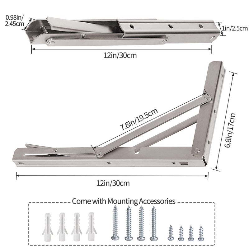 YUMORE Folding Shelf Brackets 12", Max Load: 330lb Heavy Duty Stainless Steel Collapsible Shelf Bracket for Table Work Bench, Space Saving DIY Bracket, Pack of 2 - Image 5